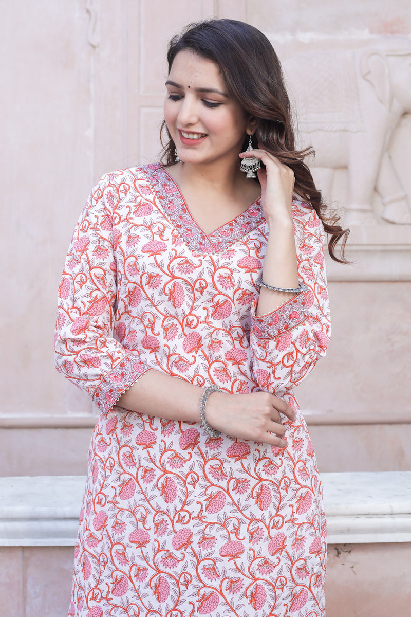 Cotton Straight Kurti - Rose Pink Floral Motif