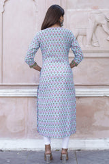 Cotton Straight Kurti - Magenta Pink Floral Motif