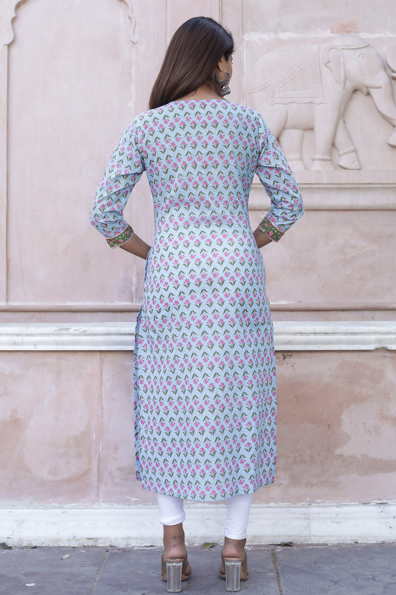 Cotton Straight Kurti - Magenta Pink Floral Motif