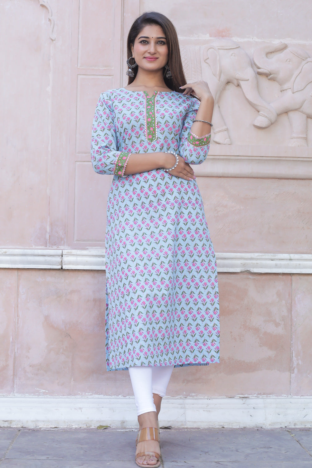 Cotton Straight Kurti - Magenta Pink Floral Motif