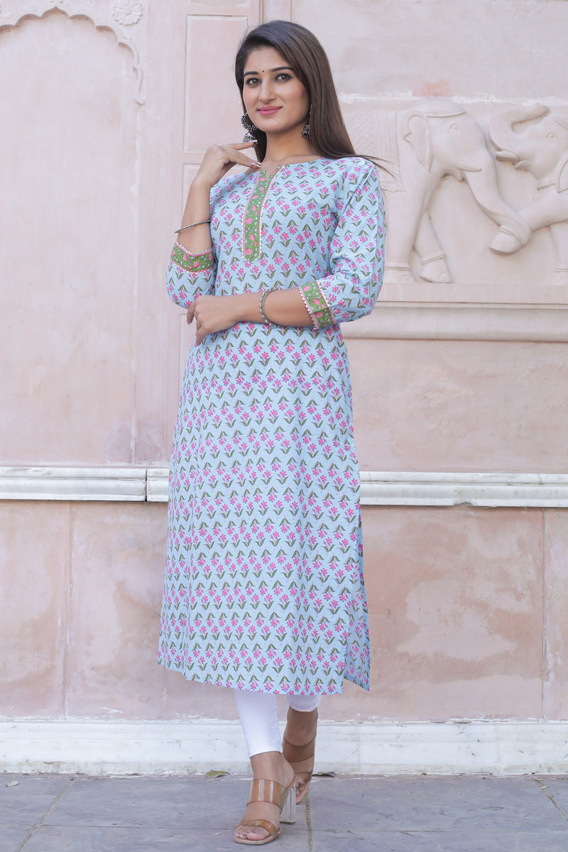 Cotton Straight Kurti - Magenta Pink Floral Motif