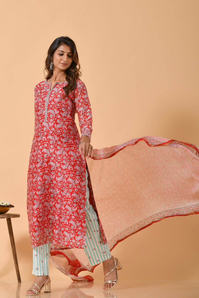 Falak by Fabric Lane Orange-Red Chanderi Suit Set (6838210723939)
