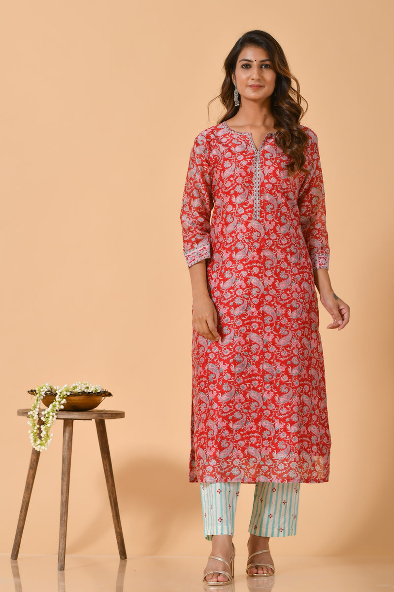 Falak by Fabric Lane Orange-Red Chanderi Suit Set (6838210723939)