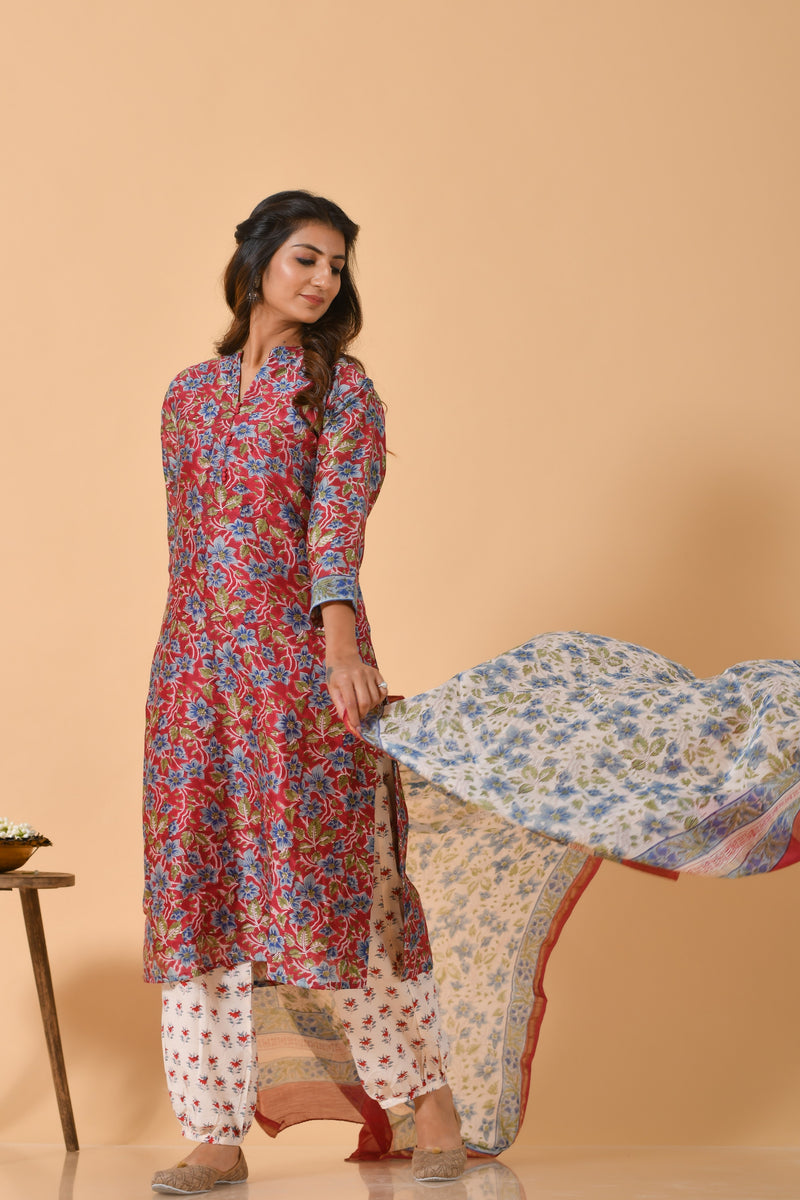 Falak by Fabric Lane Blue Lilies Chanderi Suit Set (6838211051619)