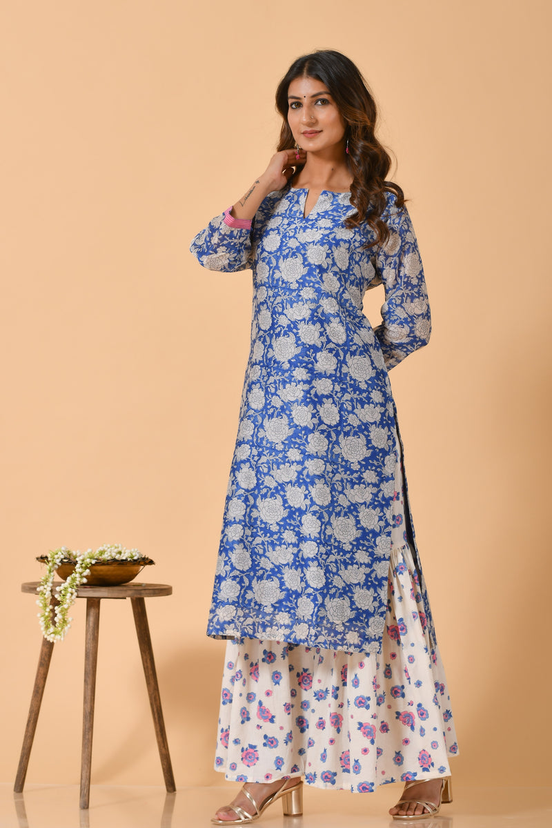 Falak by Fabric Lane Blue Rose Chanderi Suit Set (6838211248227)