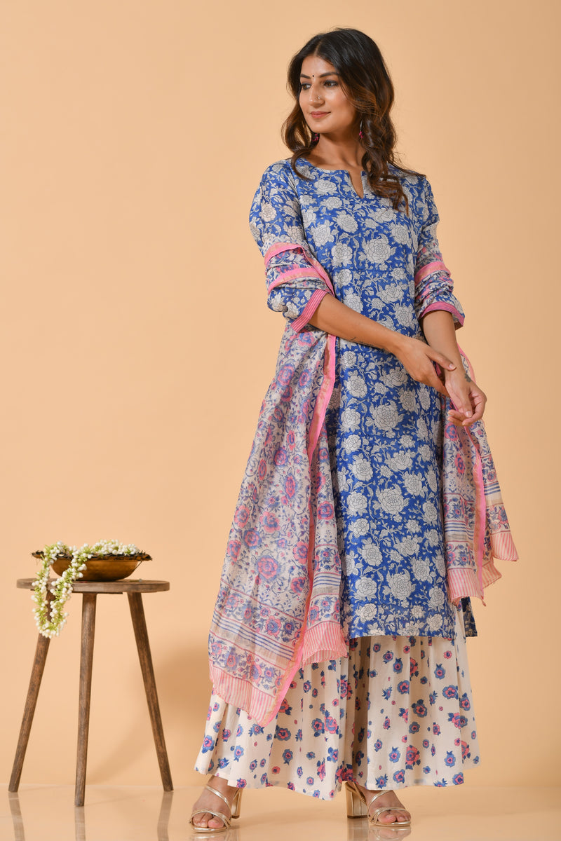 Falak by Fabric Lane Blue Rose Chanderi Suit Set (6838211248227)